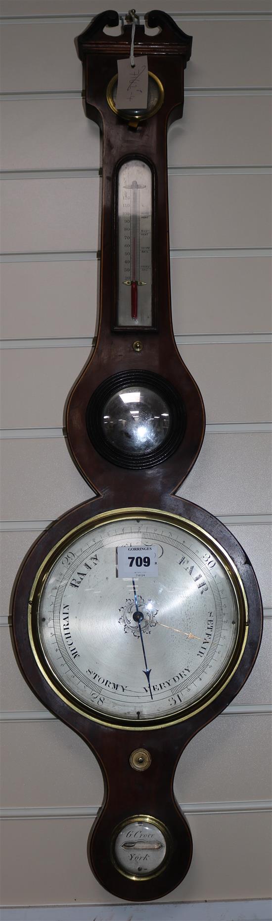 A Regency strung mahogany wheel barometer, by G. Croce of York, 3ft 2in.